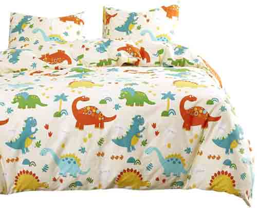 Wake In Cloud - Dinosaur Duvet Cover Set, 100% Cotton Bedding, Kids Modern Pattern Printed on Cream, with Zipper Closure (3pcs, Queen Size)
