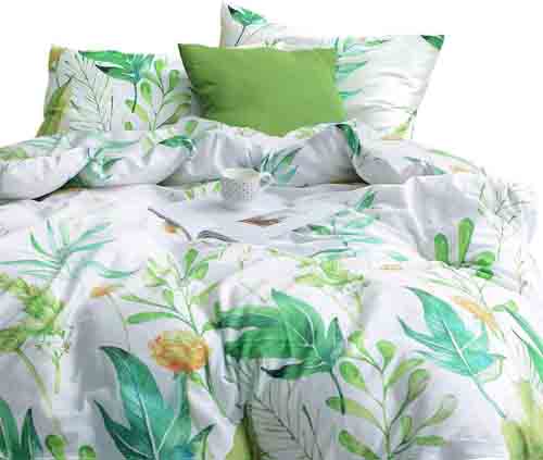 Wake In Cloud - Floral Duvet Cover Set, 100% Cotton Bedding, Botanical Flowers and Green Tree Leaves Pattern Printed on White, with Zipper Closure (3pcs, Queen Size)
