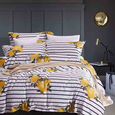 Wake In Cloud - Striped Duvet Cover Set, 100% Cotton Bedding, Yellow Lemon Pattern with Black and White Stripes Printed (3pcs, Queen Size)