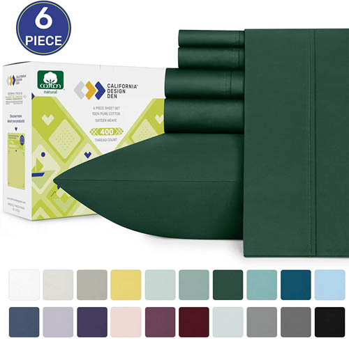400-Thread-Count Queen Bed Sheet Set - Real Cotton Hunter Green Sheets, Premium Sateen Weave 6 Piece Bedding Set, Elasticized Deep Pocket Fits Low Profile Foam and Tall Mattresses