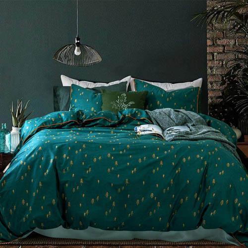Opcloud Bedding Duvet-Cover-Set, King Green Pine Pattern Cotton Luxury High Thread Soft Bedding Set,1 Duvet Cover and 2 Pillow Shams Comforter Cover-Set