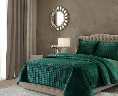 Tribeca Living FLORENCEQUIQUEG Florence Velvet Oversized Solid Quilt Set, Queen, Emerald Green