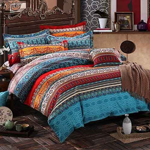CCoutueChen Bohemian Duvet Cover Set Queen Boho Chic Tribal Orange Aqua Red Exotic Striped Pattern Comforter Covers Mandala Bedding Soft Microfiber Poly-Cotton Quilt Cover 3pcs,90x90