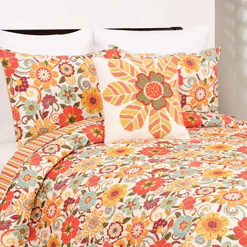 C&F Home Riley Bright Fun Retro Colorful Floral Full Queen 3 Piece Reversible Machine Washable Sham Quilt Coverlet Set Full Queen 3 Piece Set Orange