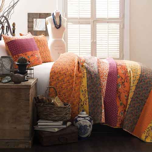 Lush Decor Royal Empire Quilt Striped Pattern Reversible 3 Piece Bedding Set, Full Queen, Tangerine