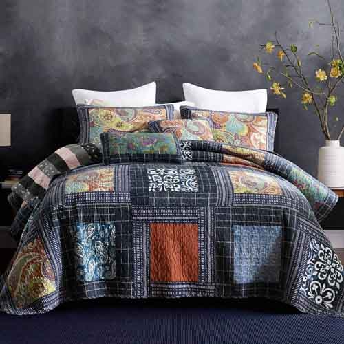 NEWLAKE Bedspread Quilt Set with Real Stitched Embroidery, Paisley Grid Pattern,Queen Size