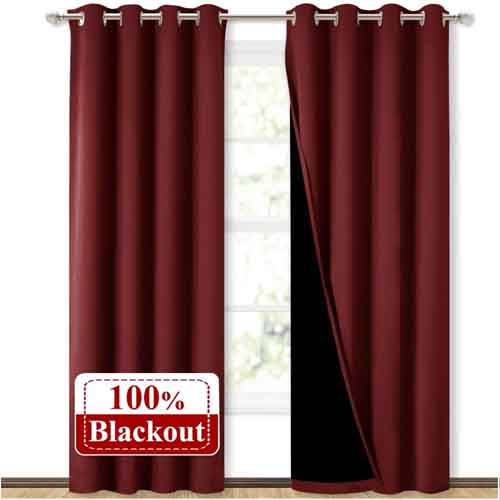NICETOWN 100% Blackout Curtains with Black Liner Backing, Thermal Insulated Curtains for Living Room, Noise Reducing Drapes, Burgundy Red, 52 inches x 84 inches Per Panel, Set of 2