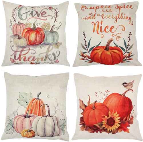 ZUEXT Fall Pumpkin Harvest Decorative Pillowcases 4 Pack, Autumn Thanksgiving Pillow Covers Square 18x18 inch, Halloween Cotton Linen Throw Pillow Covers for Car Sofa Bed Couch