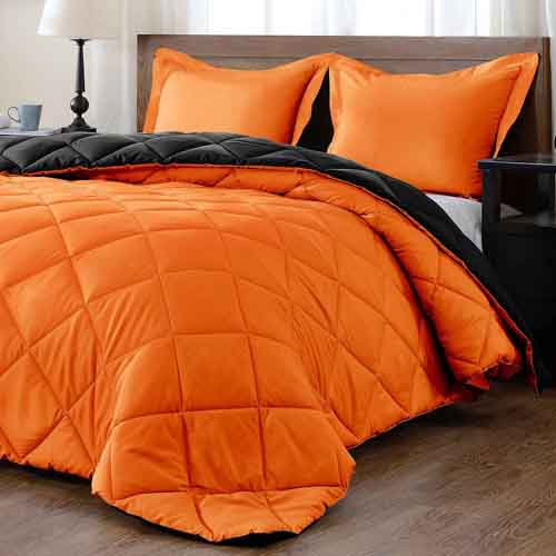downluxe Lightweight Solid Comforter Set (Queen) with 2 Pillow Shams - 3-Piece Set - Orange and Black - Down Alternative Reversible Comforter