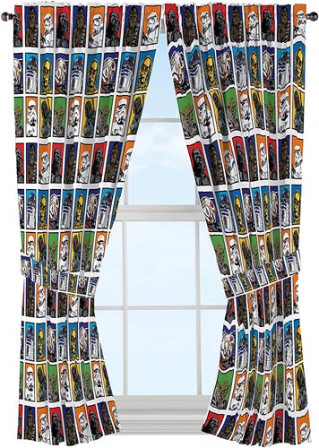Star Wars Classic 63” Drapery Curtain 4pc Set (2 Panels, 2 Tie backs) - R2D2, C3PO, Chewbacca, Darth Vader, Stormtrooper - Official Star Wars Product